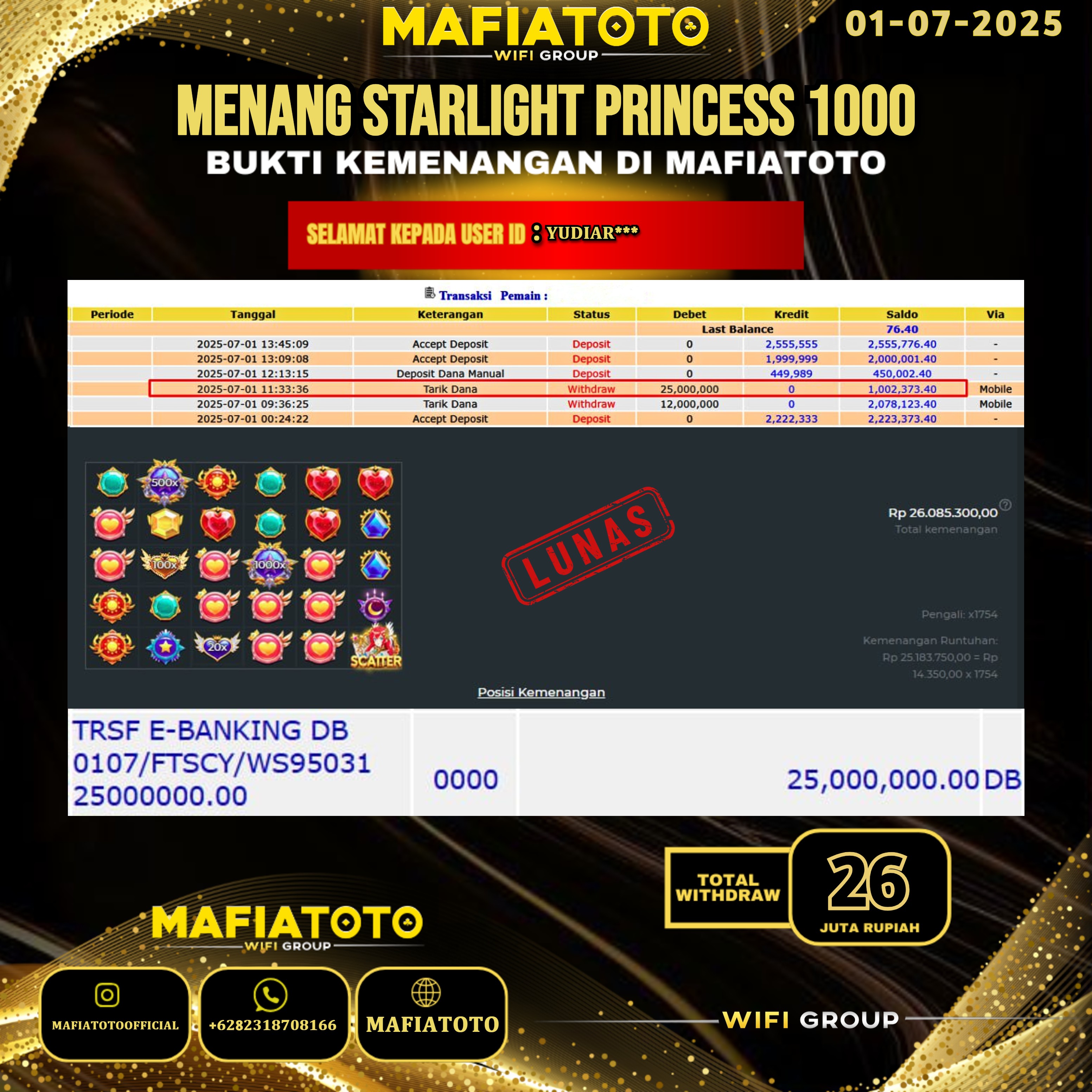 MAFIATOTO JACKPOT SLOT STARLIGHT PRINCESS 1000 RP.26.000.000 - LUNAS ID : YUDIAR***	