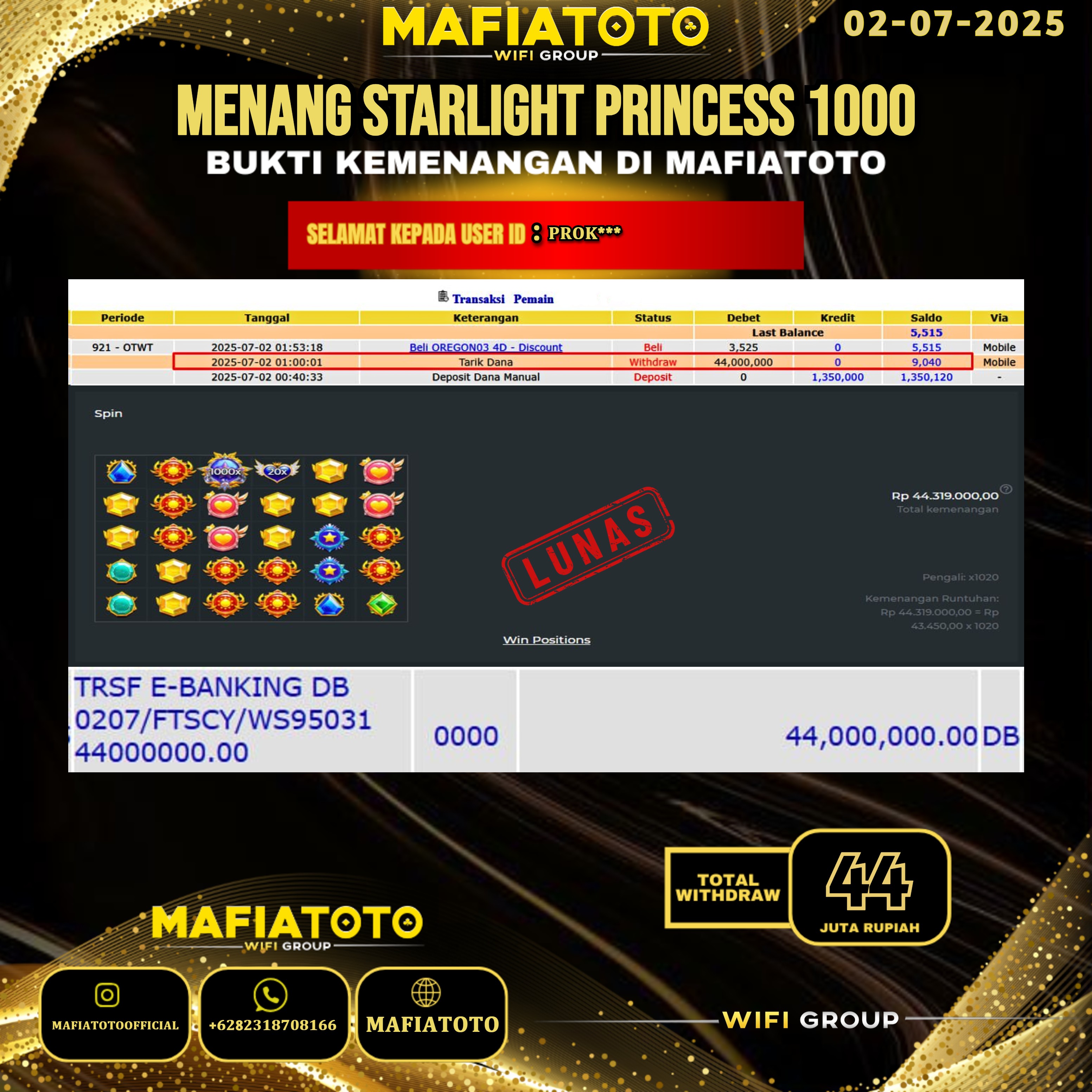 MAFIATOTO JACKPOT SLOT STARLIGHT PRINCESS 1000 RP.44.000.000 - LUNAS ID : PROK***	