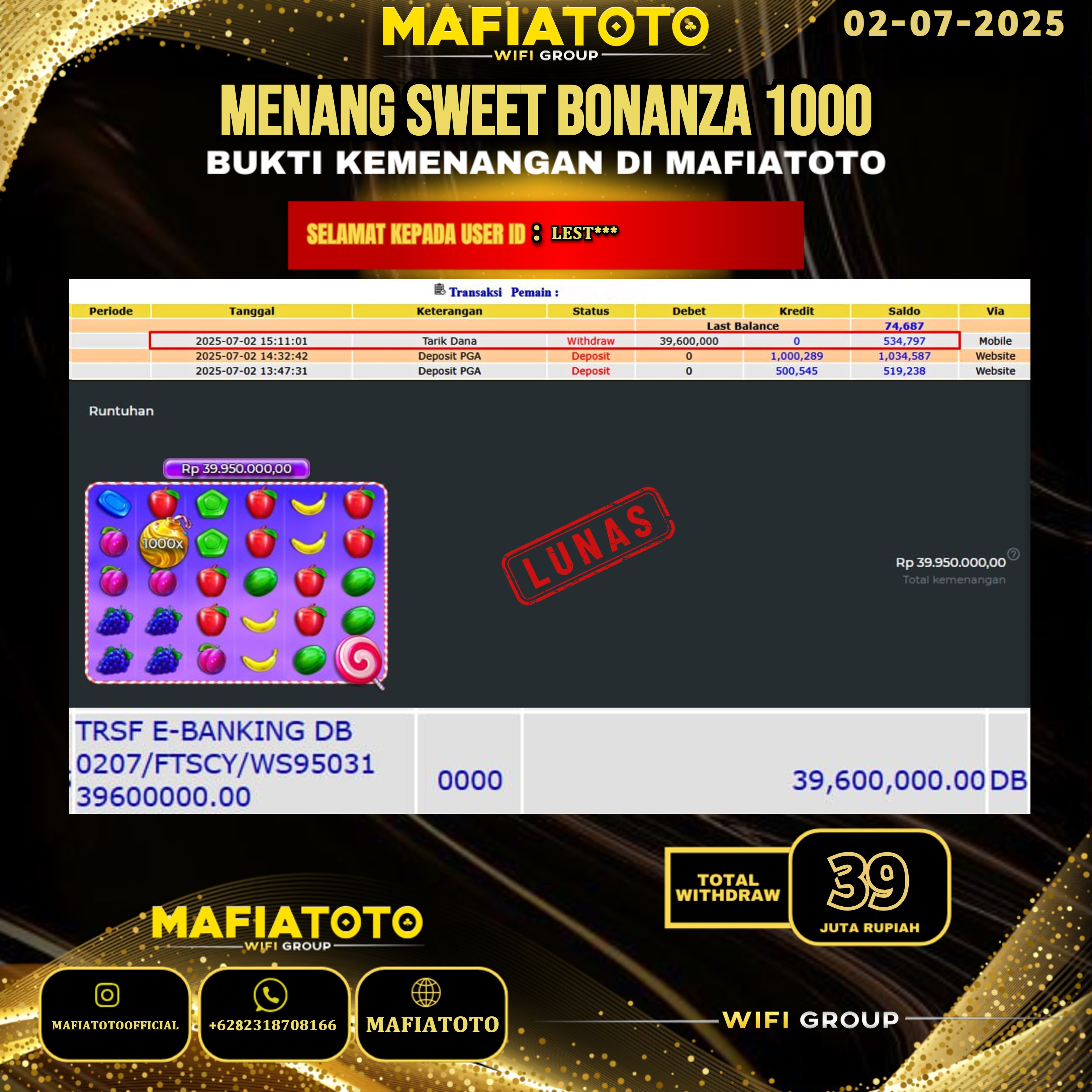 MAFIATOTO JACKPOT SLOT SWEET BONANZA 1000 RP.39.000.000 - LUNAS ID : LEST***	