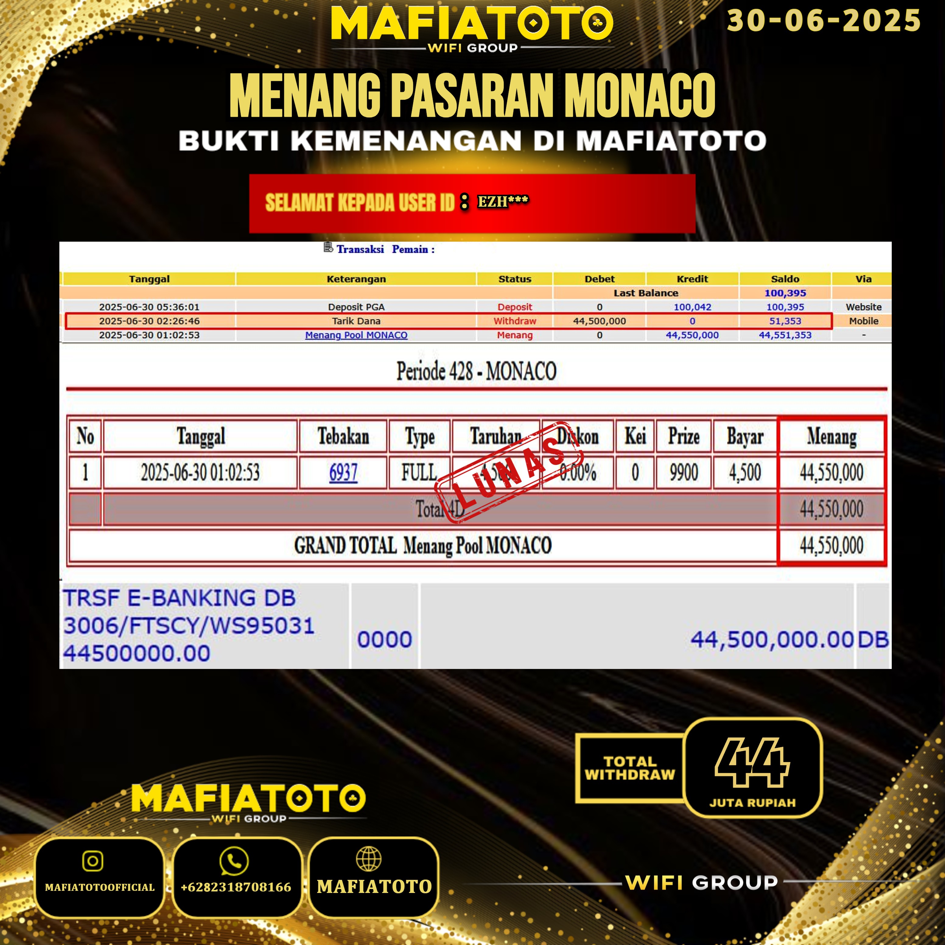 MAFIATOTO JACKPOT TOGEL PASARAN MONACO RP.44.000.000 - LUNAS ID : EZH***	