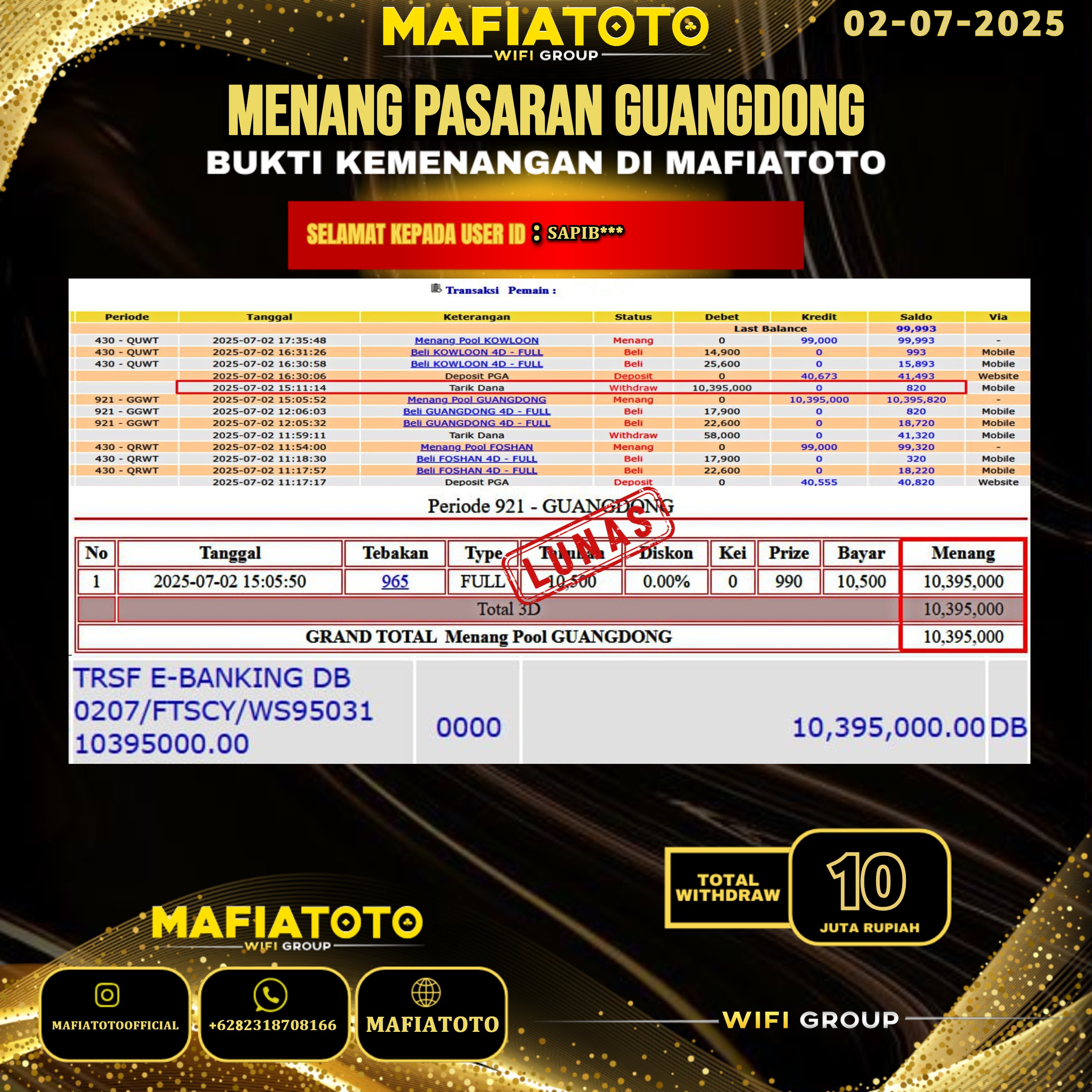 MAFIATOTO JACKPOT TOGEL PASARAN GUANGDONG RP.10.000.000 - LUNAS ID : SAPIB***	